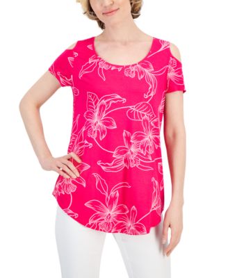 JM Collection - Tropic Flow Cold-Shoulder Short-Sleeve Top