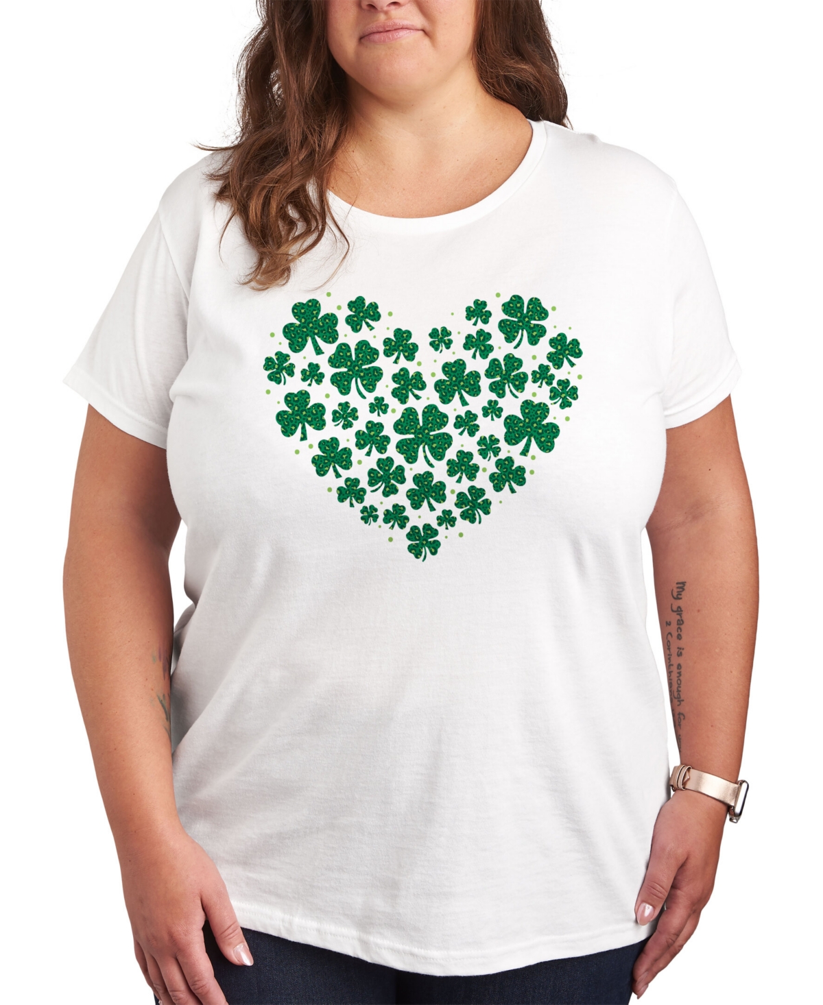 Air Waves Trendy Plus Size Cheetah Shamrock Heart Graphic T-shirt In White