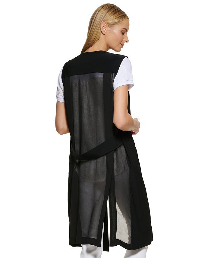 DKNY Mixed Media Crepe Chiffon Open Front Sleeveless Vest