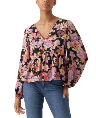 Vero Moda - Women's Printed Empire-Waist Peplum-Hem Top