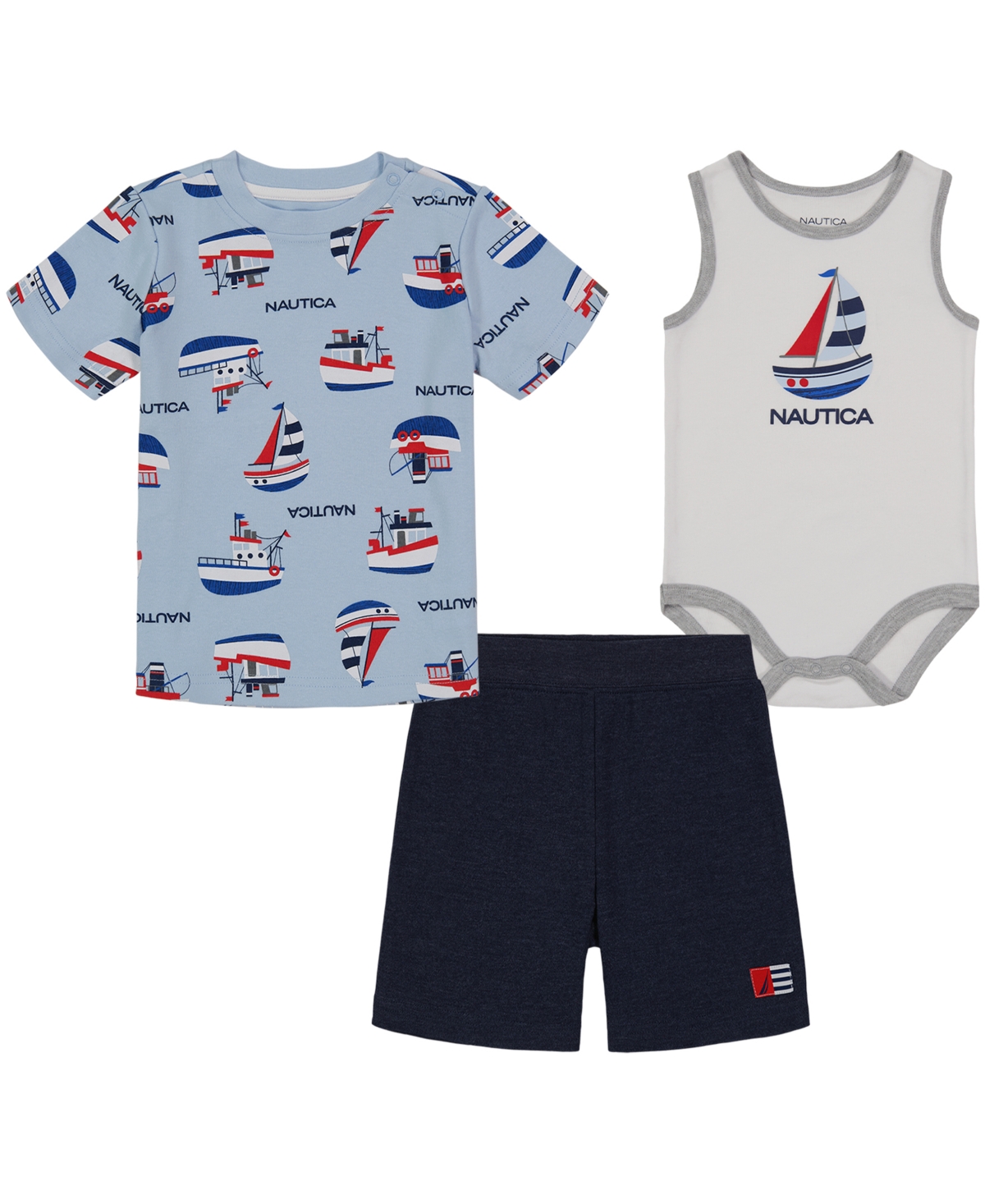 Nautica Baby Boys Sailing Tank Bodysuit, Short Sleeve T-shirt And Shorts, 3 Piece Set In Blue