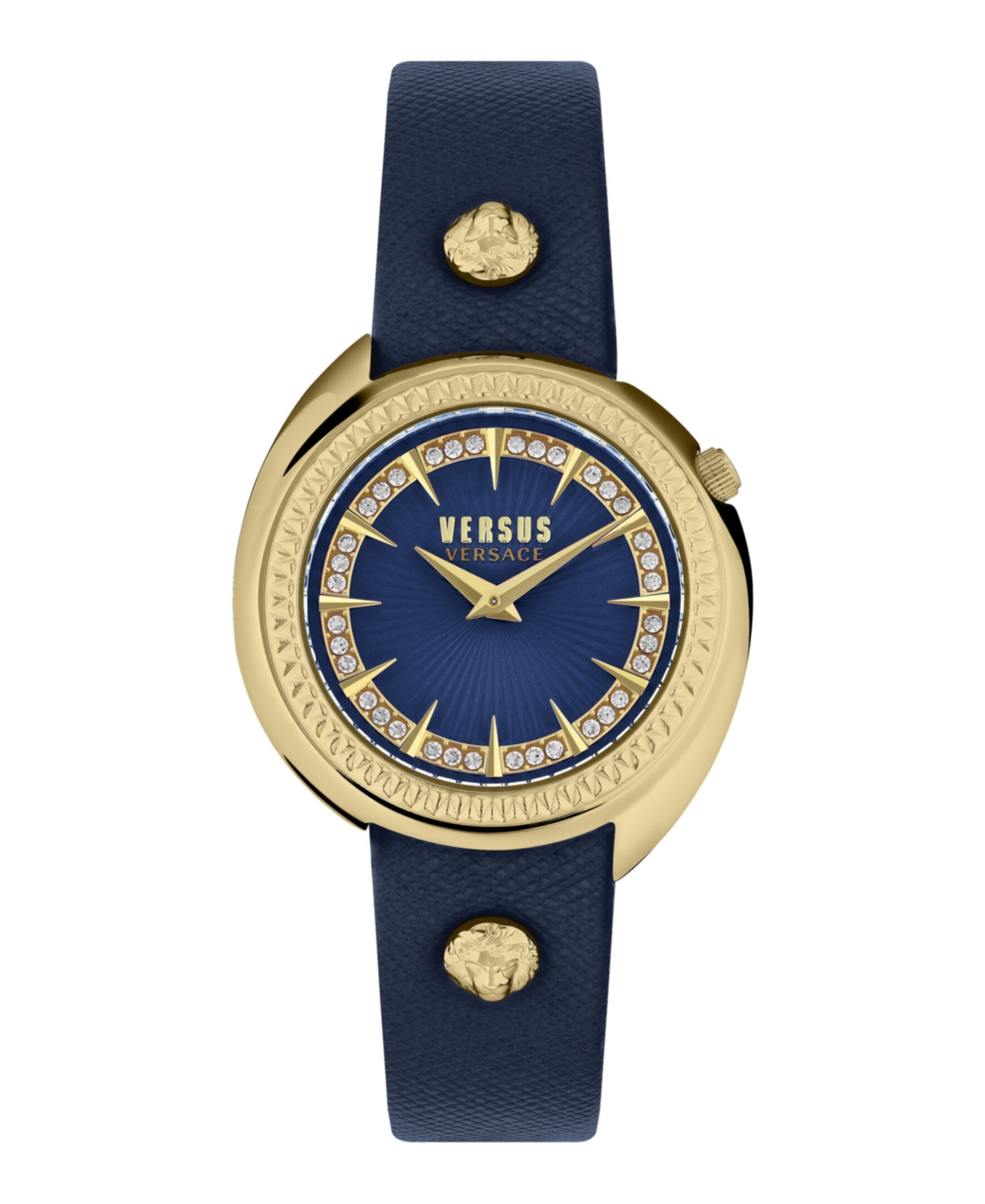 Shop Versus Women's Tortona Crystal 2 Hand Quartz Blue Genuine Leather Watch, 38mm In Ion Plating Yellow Gold