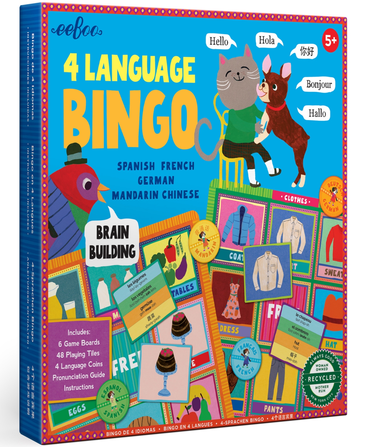 Eeboo 4 Language Bingo Game And Spanish, French, German, Mandarin Chinese, Ages 3 And Up In Multi