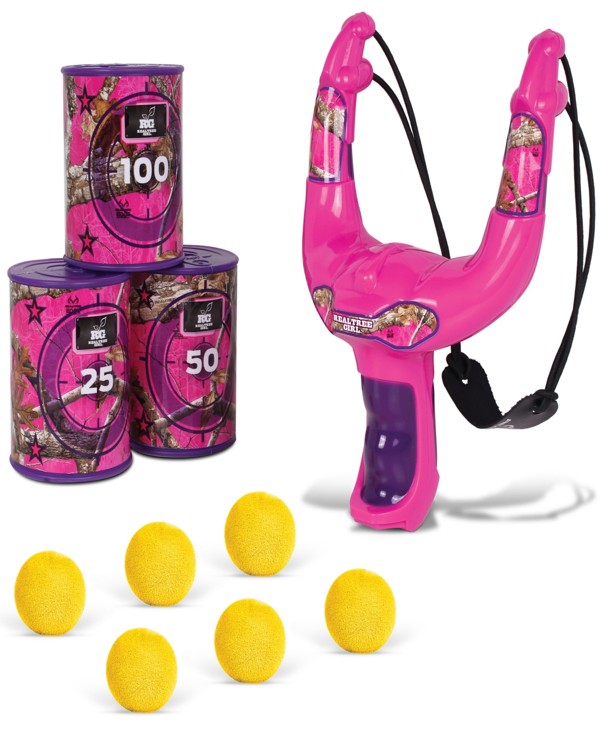 Realtree Nkok Handheld Slingshot Set Pink 25038 Includes 6 Foam Balls 3 Can Targets, Toy Slingshot Shoots Upt In Multi
