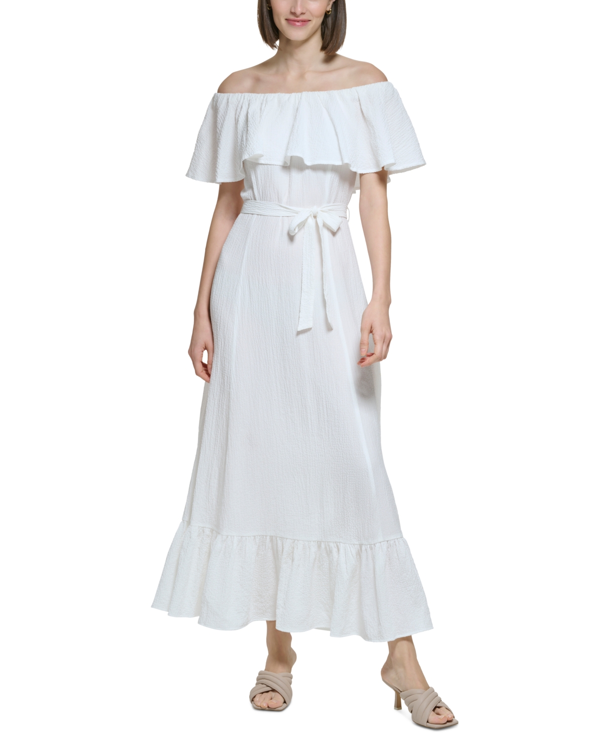 Calvin Klein Women s Off the shoulder Ruffled Maxi Dress In White