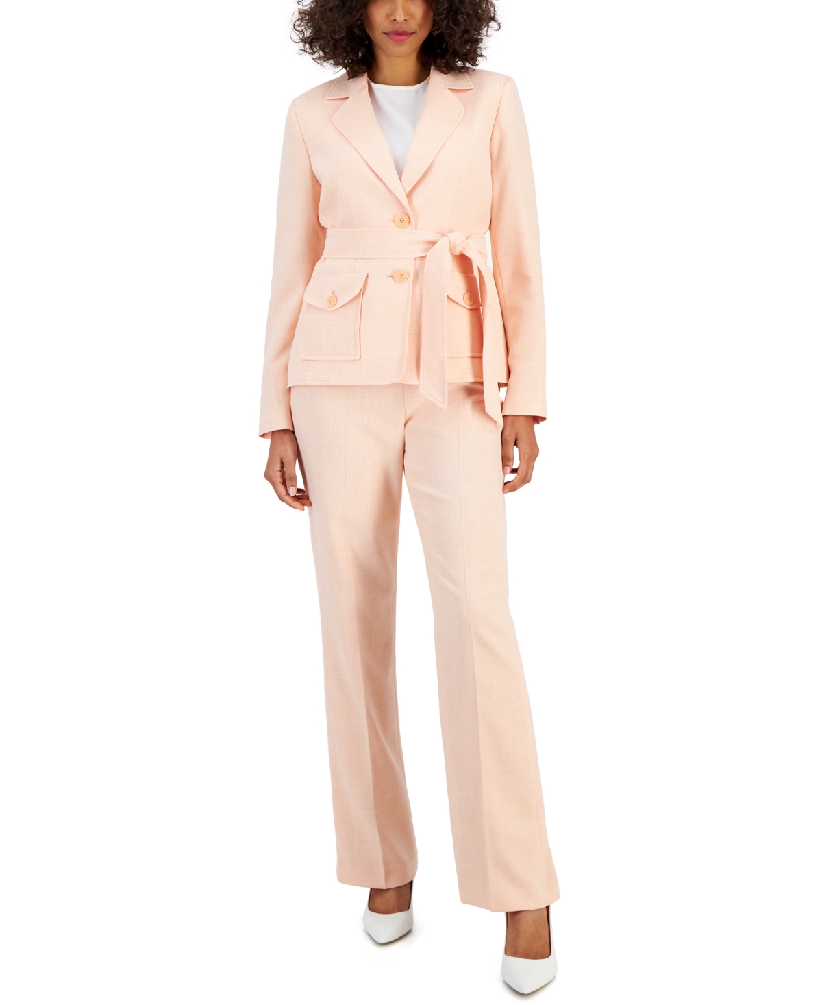 Women's Belted Safari Jacket Pantsuit, Regular & Petite Sizes - Apricot/White