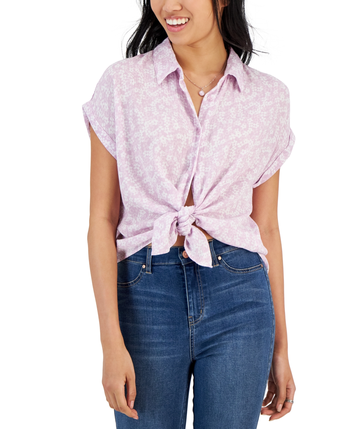 Hippie Rose Juniors' Printed Textured Short-Sleeve Shirt