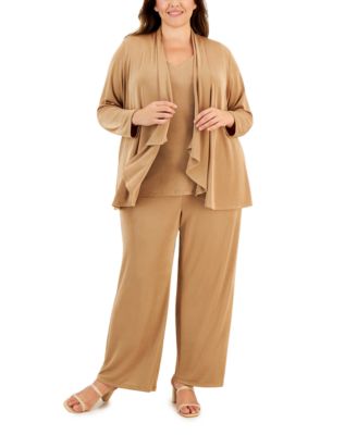 Kasper - Plus Size Knit High-Low Shrug, Knit V-Neck Cami Top, & Knit Pull-On Pants