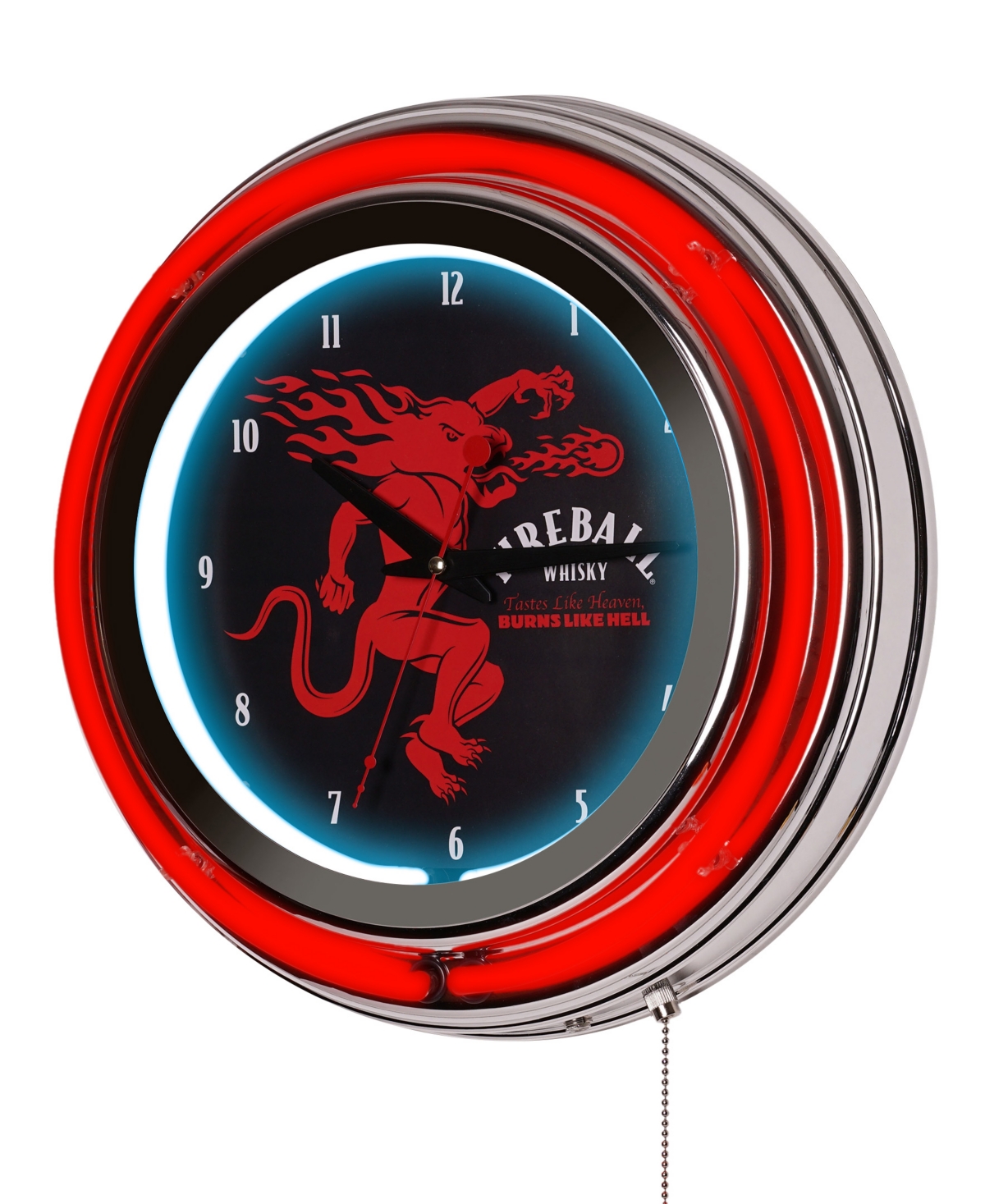 American Art Decor Fireball Retro Round Neon Wall Analog Clock With Pull Chain, 14.5" In Red