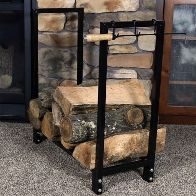 Outdoor Steel Firewood Log Rack Holder with Weather-Resistant Heavy-Duty Polyester Log Rack Cover - 30" - Black