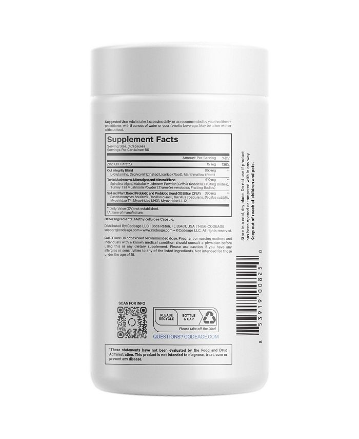 Codeage Gut Health Formula, L Glutamine, Zinc, Mushrooms, Licorice