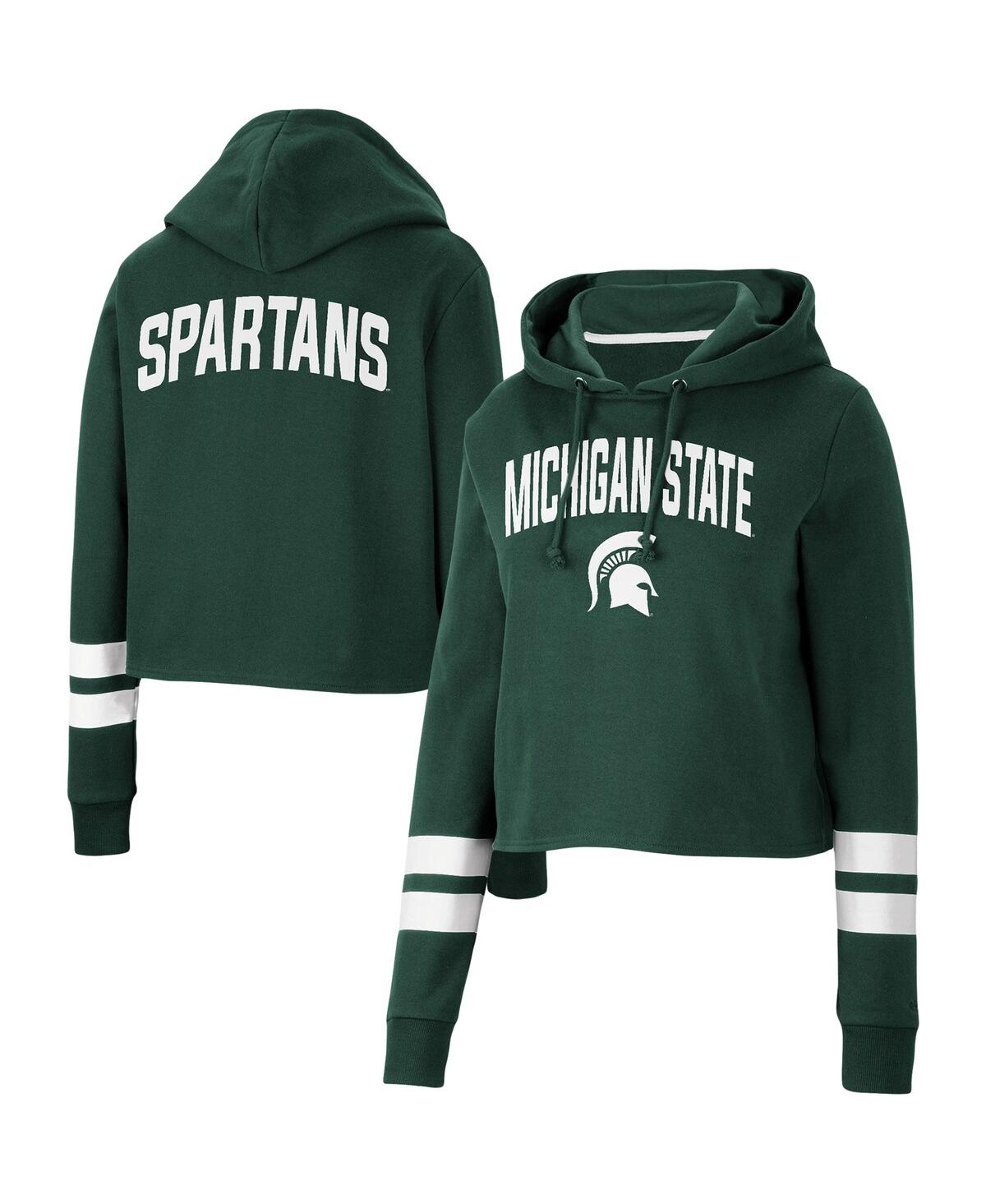 Women's Colosseum Green Michigan State Spartans Throwback Stripe Cropped Pullover Hoodie - Green