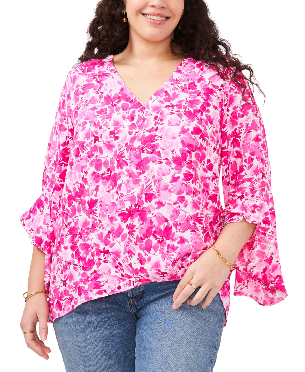 Vince Camuto Plus Size Printed 3/4-sleeve V-neck Top In Hot Pink