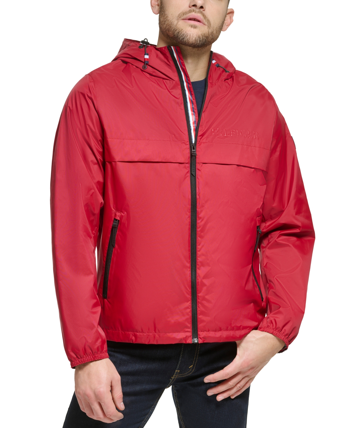 Tommy Hilfiger Men's Stretch Hooded Zip-front Rain Jacket In Red