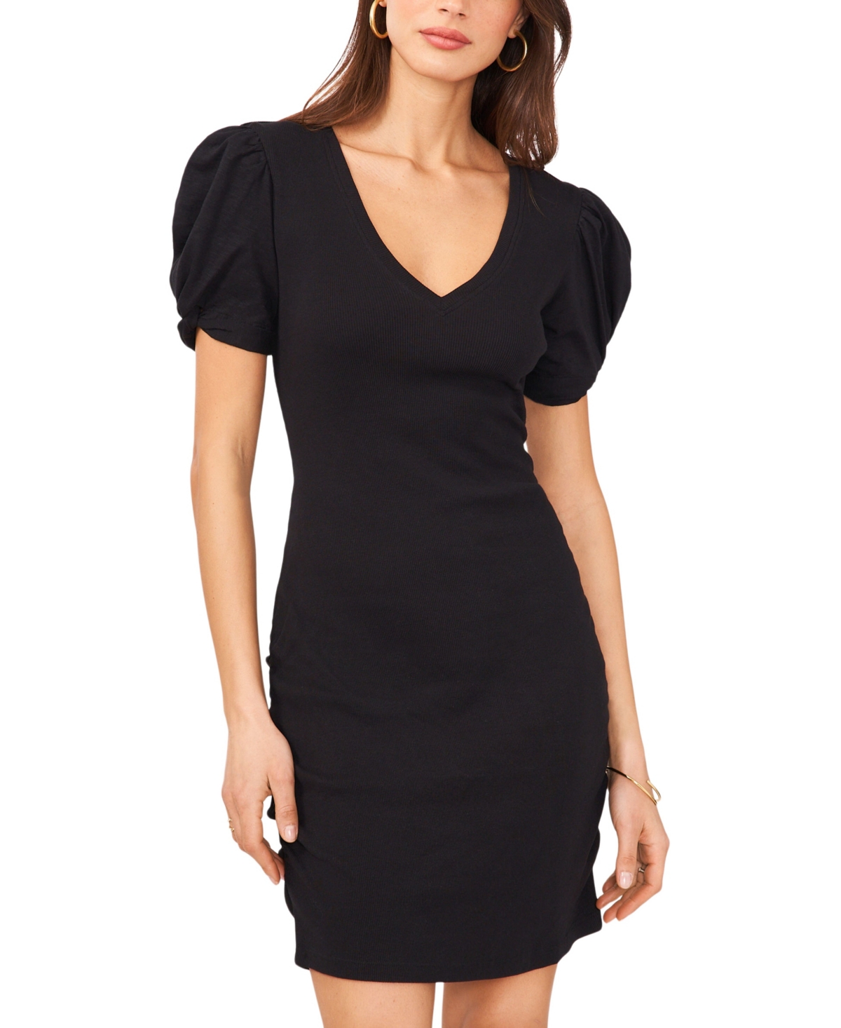 1.STATE WOMEN'S PUFF SHORT SLEEVE V-NECK RUCHED DRESS