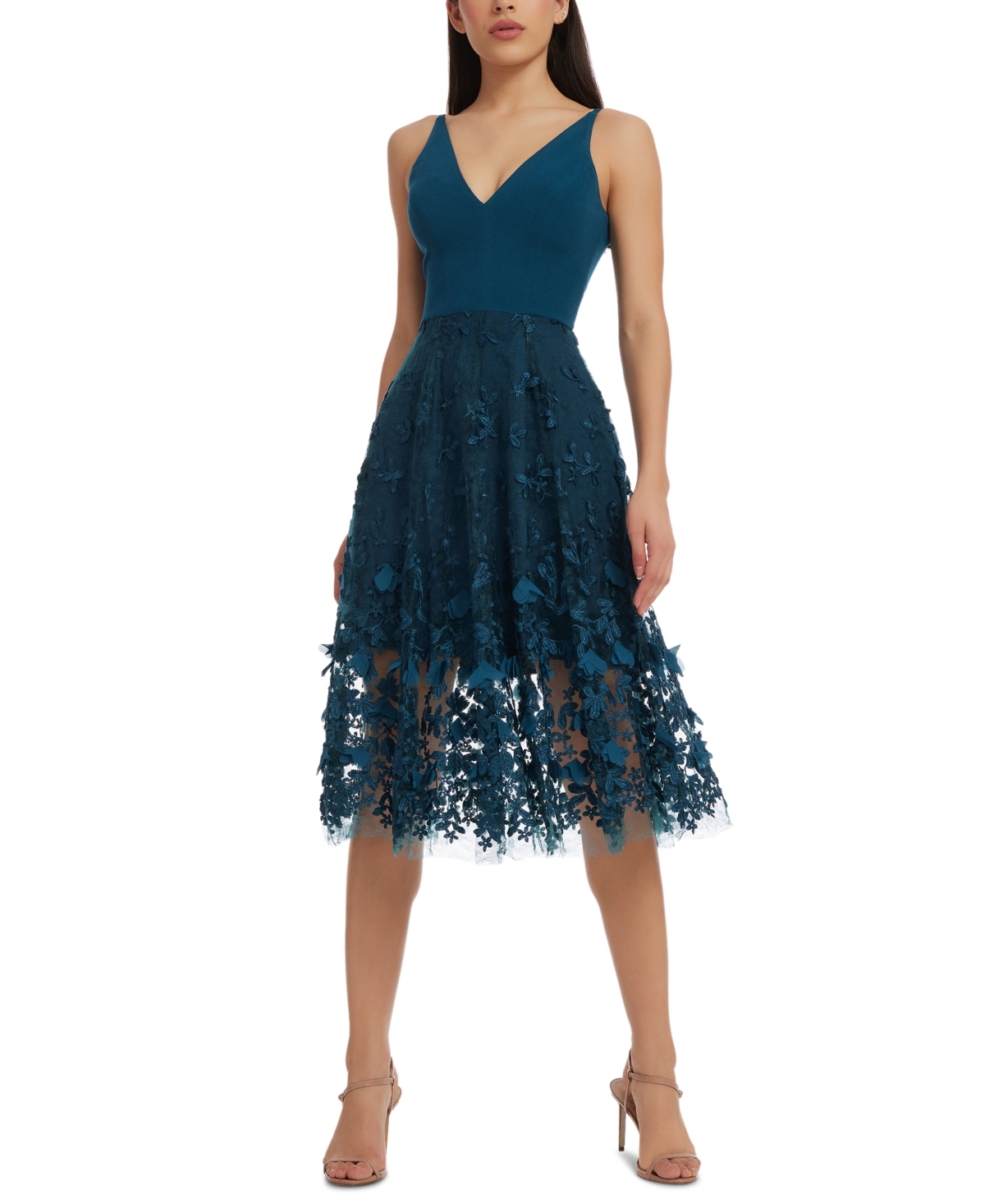Dress The Population Plunging Darleen Neck Fit & Flare Dress In Peacock Blue