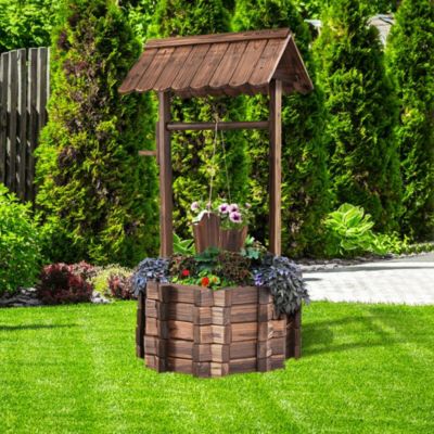 Outdoor Wooden Wishing Well Bucket Flower Plants Planter Patio Garden Home Decor