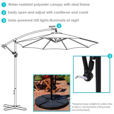 Outdoor Steel Cantilever Offset Patio Umbrella with Solar LED Lights, Air Vent, Crank, and Base - 9'