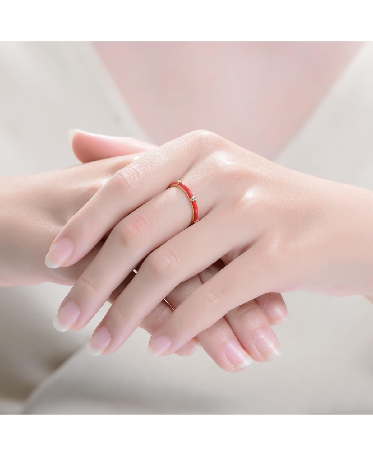 Rachel Glauber Ra 14k Yellow Gold Plated with Cubic ZirconiaEnamel Bamboo Kids/Young Adult Stacking Ring - Red