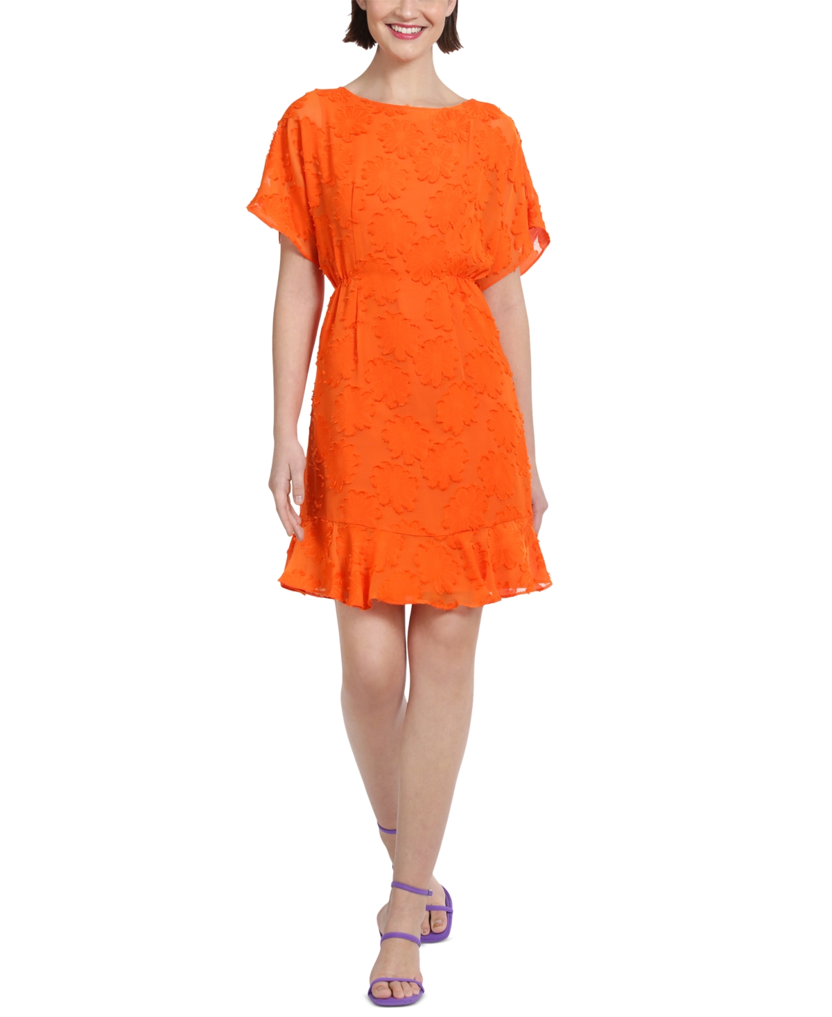 Women's Jewel-Neck Ruffle-Sleeve Burnout Dress - Bright Orange