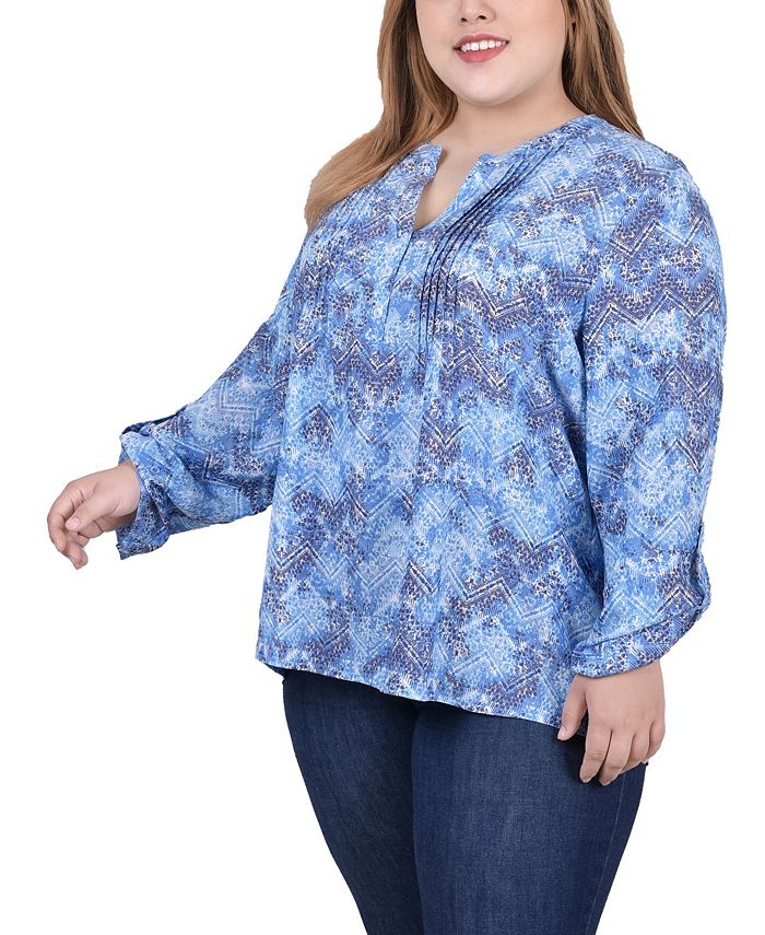 NY Collection Plus Size Long Roll Tab Sleeve Pintuck Front Blouse - Macy's
