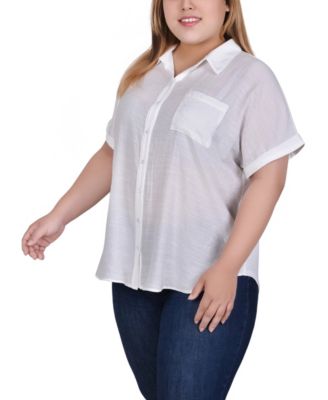 Plus Size Short Sleeve Woven Front and Jersey Back Top