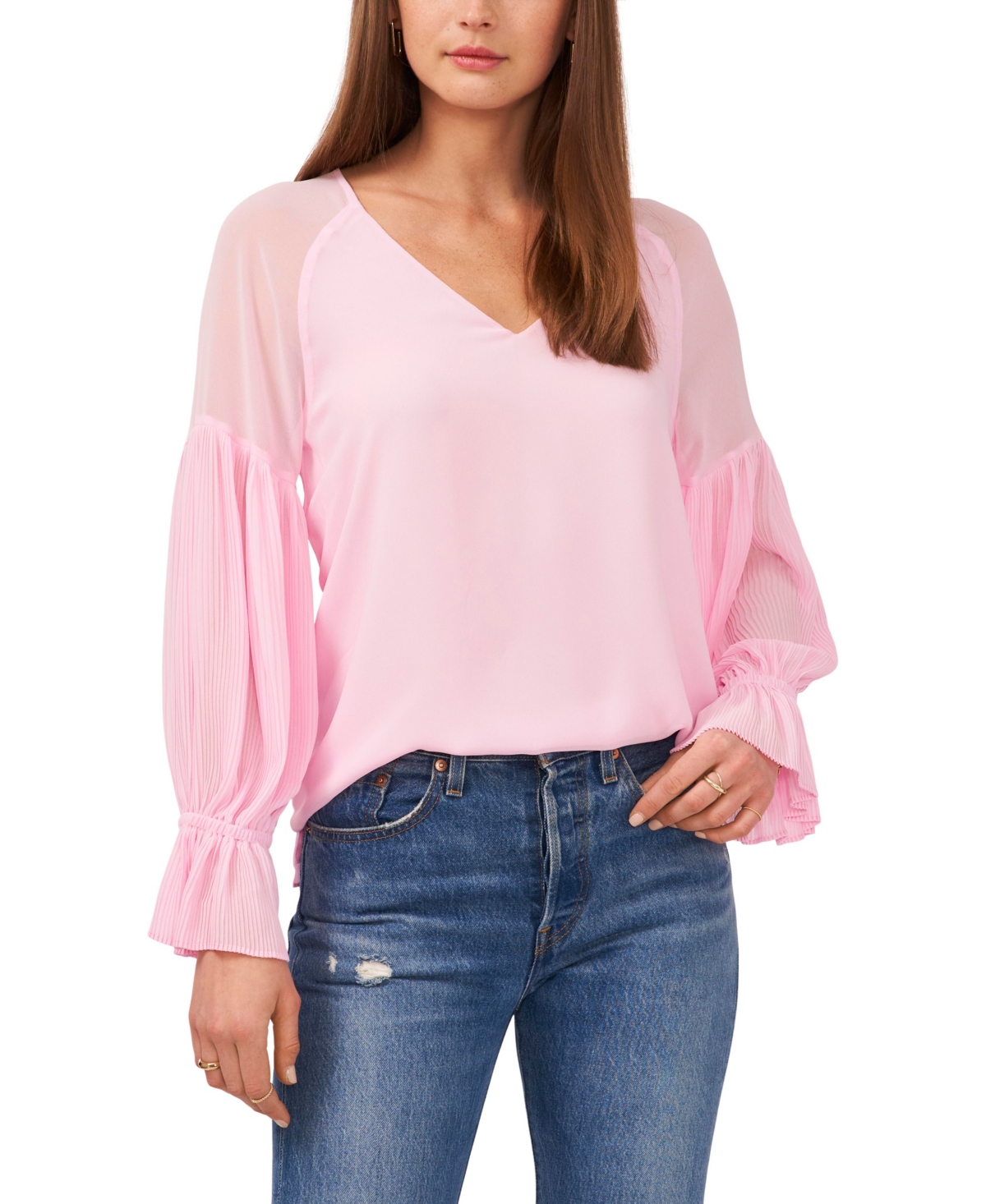 Vince Camuto Women s Pleated Long Sleeve V neck Chiffon Blouse In Pink Horizon ModeSens