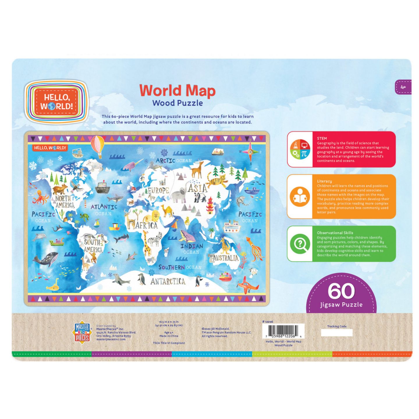 Детская игрушка MasterPieces Puzzles Hello, World! World Map 60-Piece Jigsaw Puzzle, Ages 4+, цвет: Разноцветный — фото 3