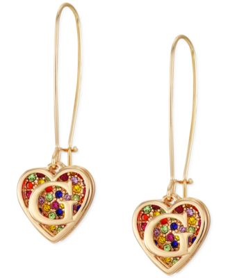 Gold-Tone Rainbow Pav&eacute; Logo Heart Linear Drop Earrings