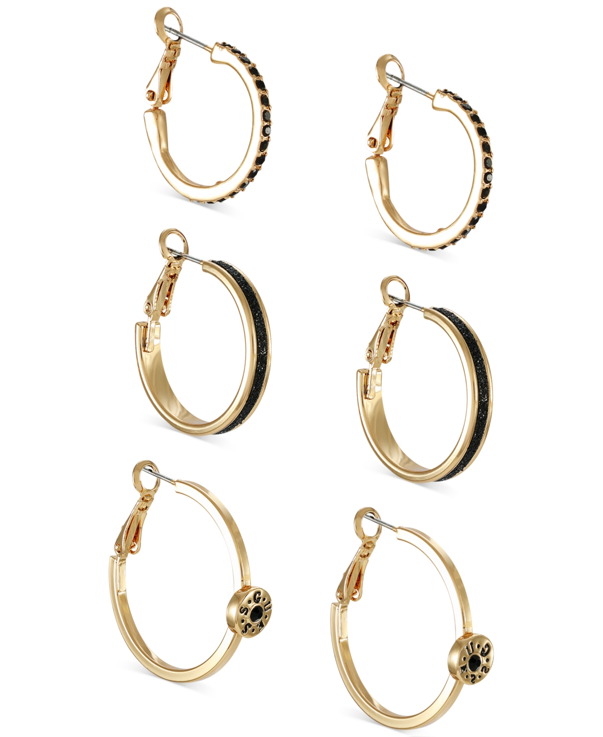 Guess Gold-tone 3-pc. Set Jet Pave & Glitter Hoop Earrings In Jet  Gold Set Of  Hoops