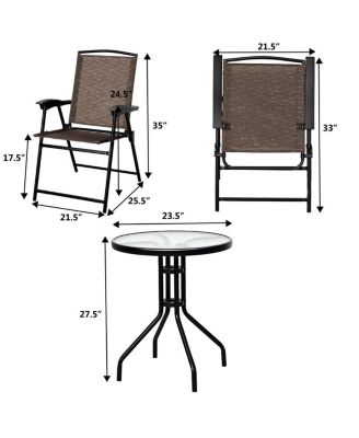 3PC Bistro Patio Garden Furniture Set 2 Folding Chairs Glass Table Top Steel