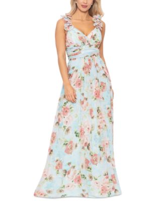 Betsy & Adam - Women's Floral-Print Ruffled Lace-Up Gown