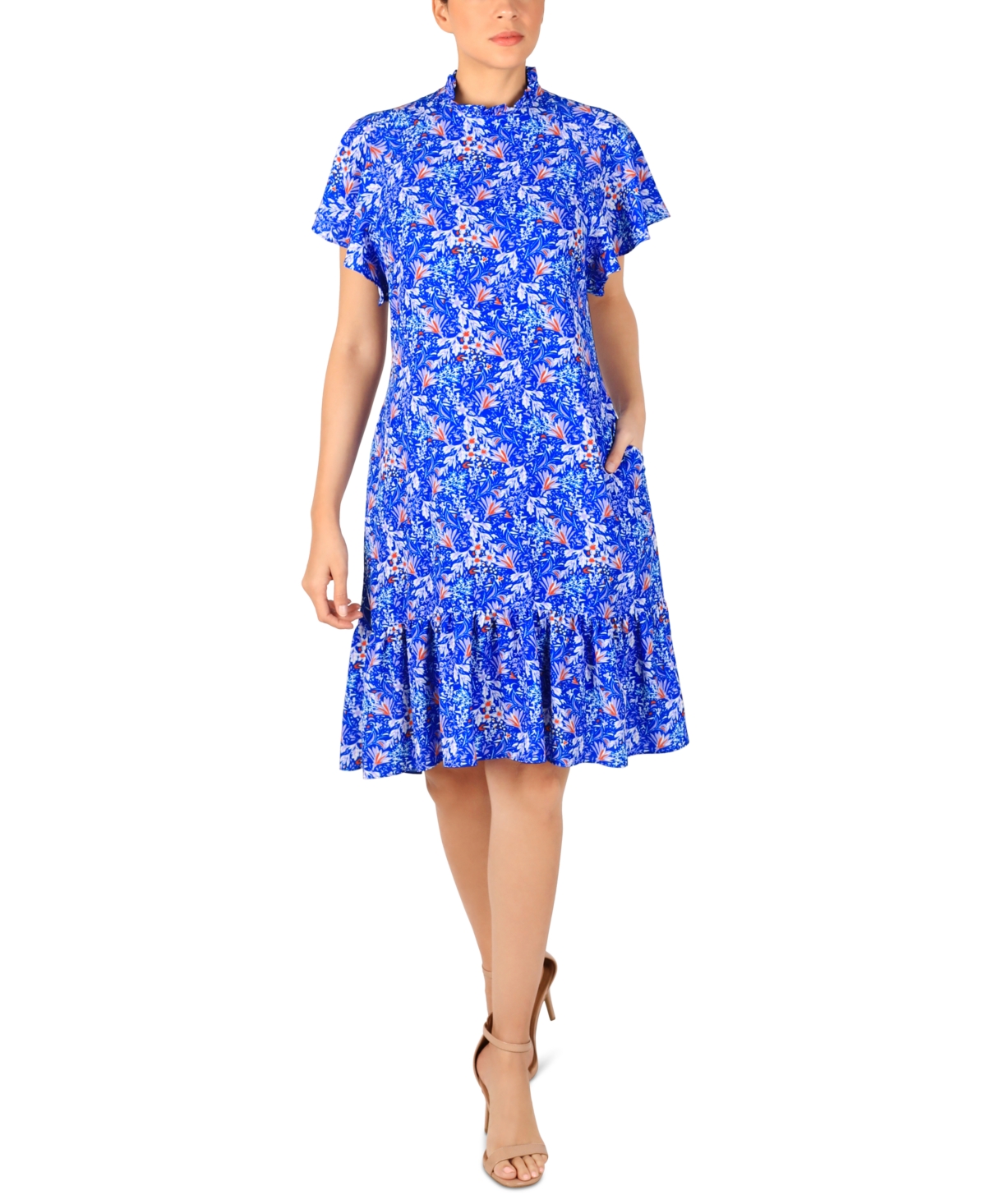 Women's Floral-Print Mock-Neck Ruffle Dress - Cobalt Multi