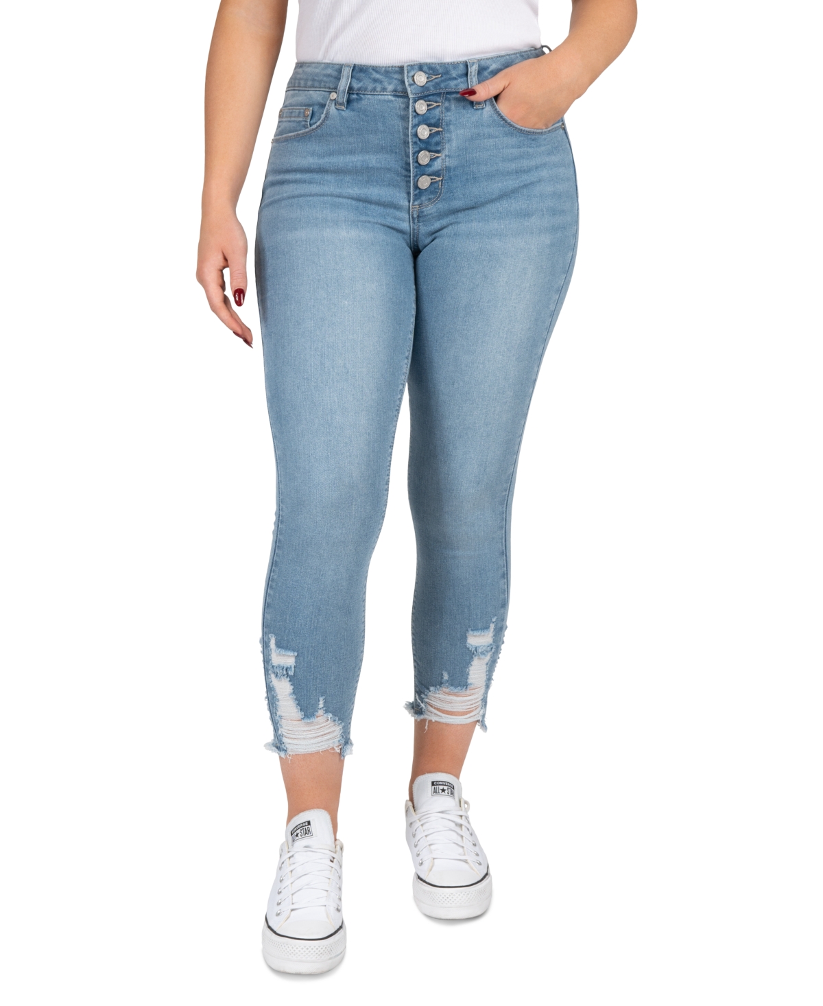 Shop Indigo Rein Juniors' Mid Rise Button Fly Distressed Cropped Curvy Jeans In Med Blue