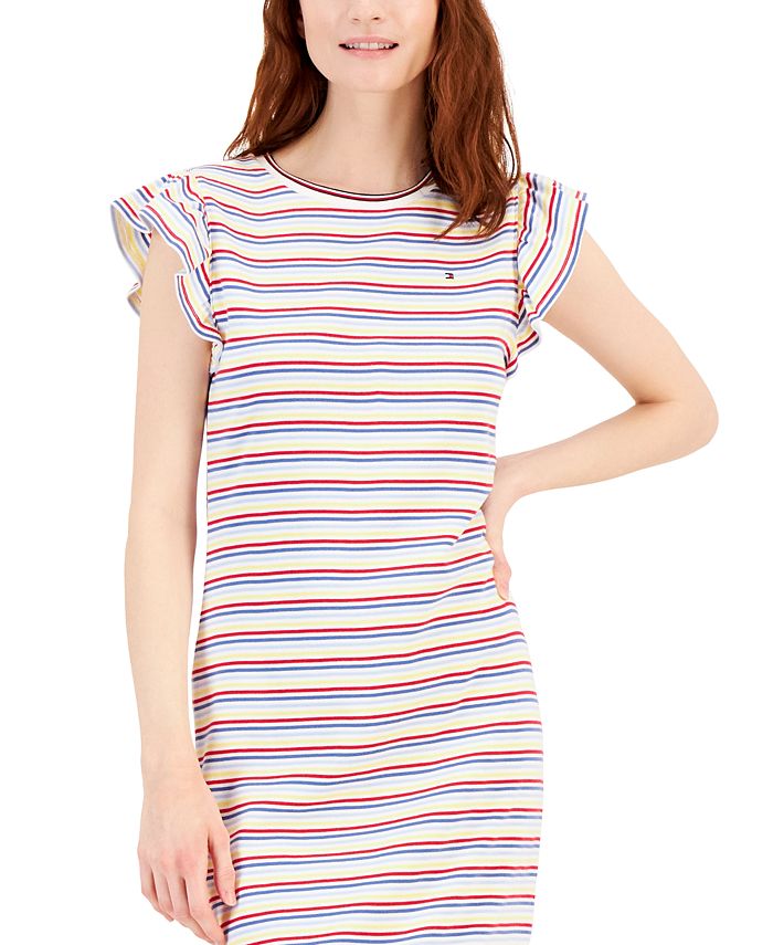 Tommy Hilfiger Women s Cotton Striped Flutter Sleeve Midi Dress