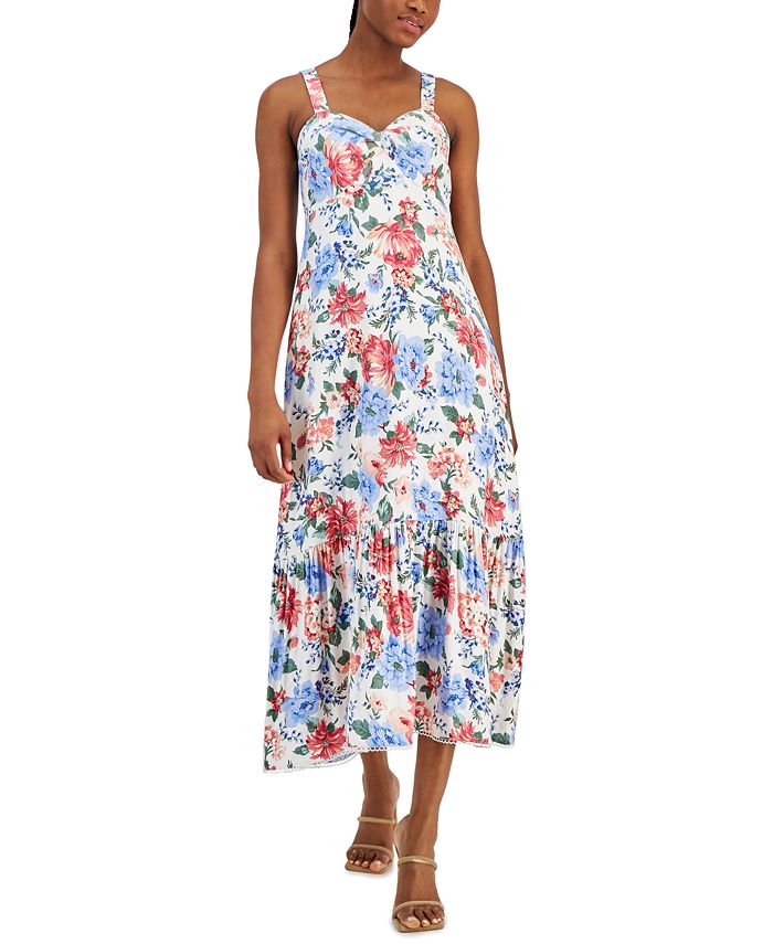 T Tahari Women's Linen-Blend Floral-Print Maxi Dress - Macy's