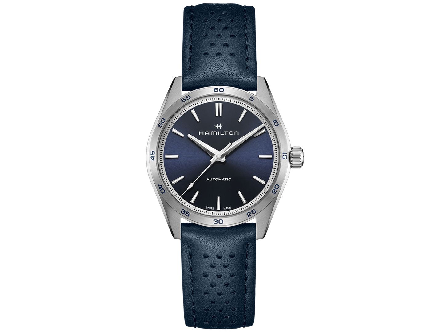 Женские часы Hamilton Swiss Automatic Jazzmaster Performer Blue Leather Strap Watch 38mm — фото 1