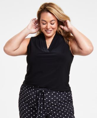 Anne Klein - Plus Size Printed Pleated-Neck Top
