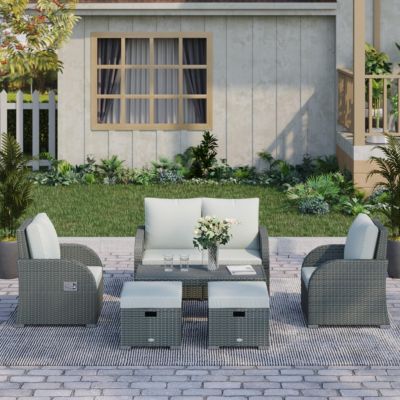 6-Piece Outdoor Rat Wicker Sofa Set w/ Gas Adjustable Sofa,