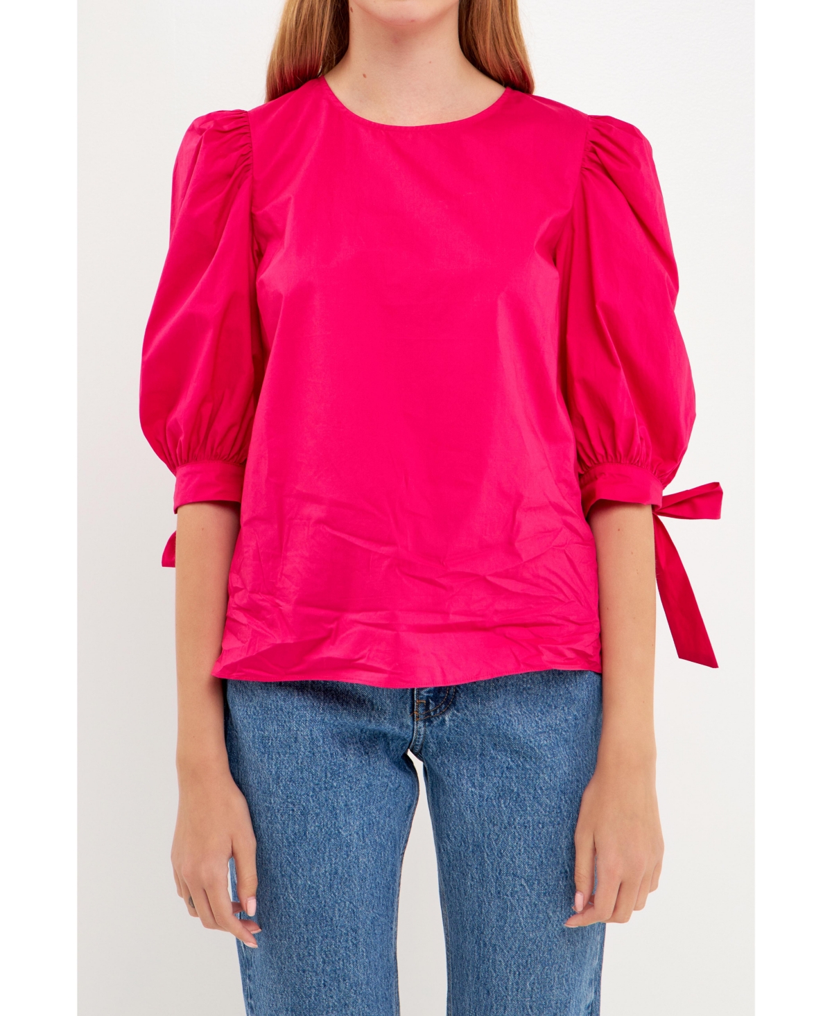 English Factory Bow Banded Puff Sleeve Blouse In Fuchsia