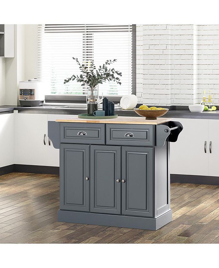 Kitchen Island with Storage, Rolling Kitchen Serving Cart with Rubber Wood Top, Towel