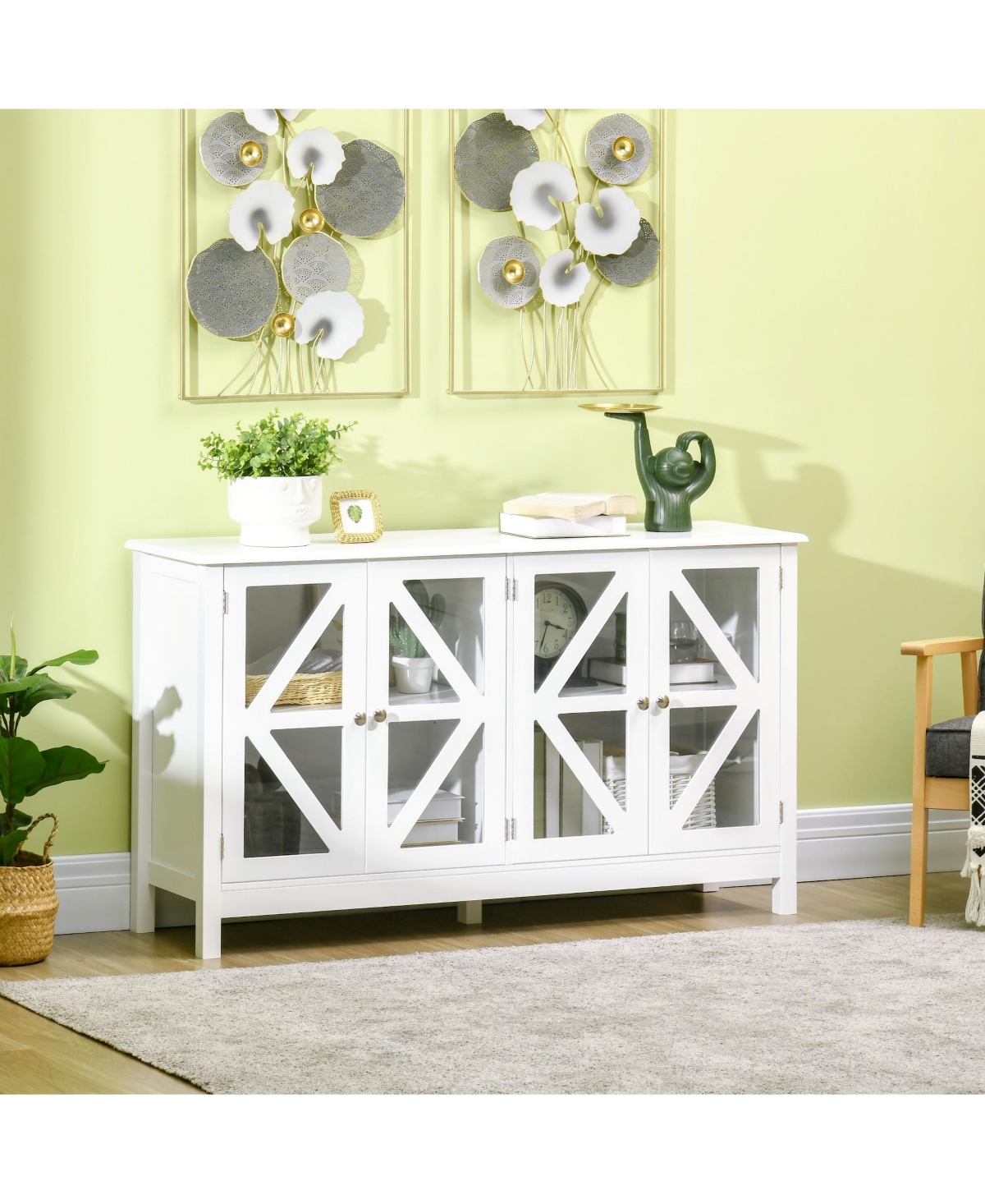 Homcom Kitchen Sideboard, Tempered Glass Door Buffet Cabinet with Adjustable Storage Shelf for Living Room, Kitchen, Study,- White