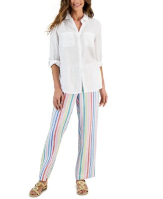 Charter Club Womens Linen Shirt Striped Linen Blend Drawstring Pants Created For Macys