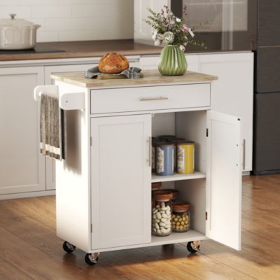 Metal Kitchen Large Storage Island on 360° Swivel Wheels Cart w/ Drawer