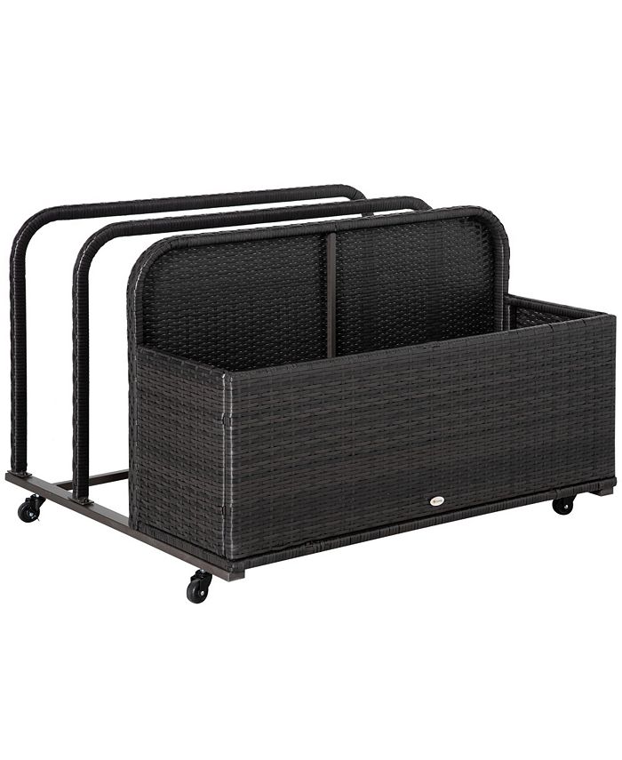 Outsunny Wicker Patio Poolside Float Storage Basket, PE Rattan Outdoor Pool Caddy with Rolling