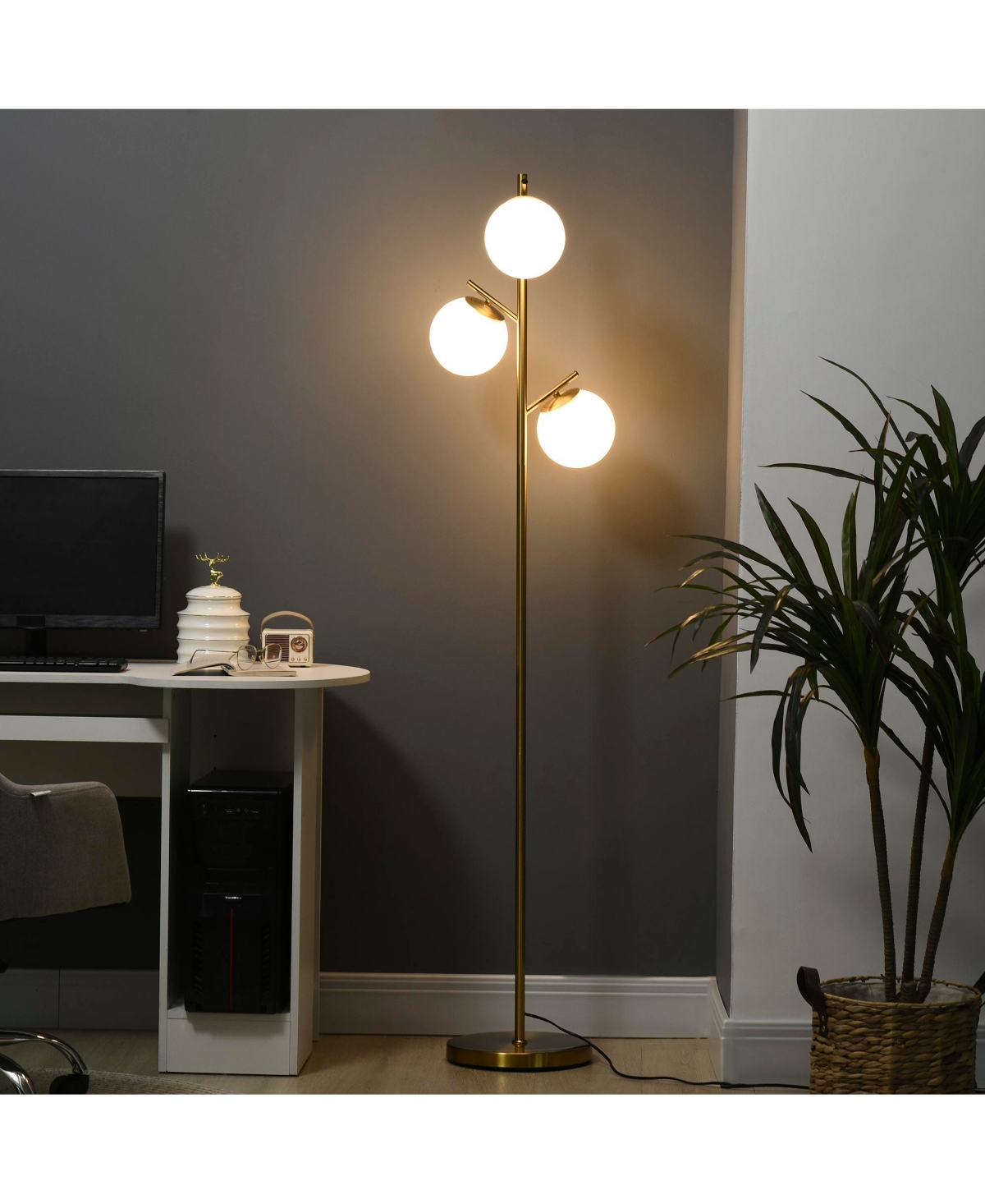 Homcom 3-Light Modern Floor Lamps for Living Room, Tree Standing Lamp for Bedroom with Globe Lampshade, Steel Base, (Bulb not Included), Gold - Gold t