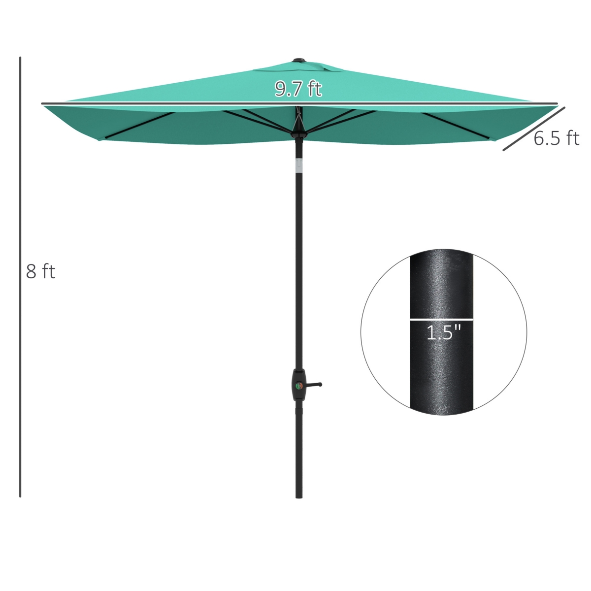 6.5' x 10' Outdoor Patio Umbrella with Crank Handle, - Teal green