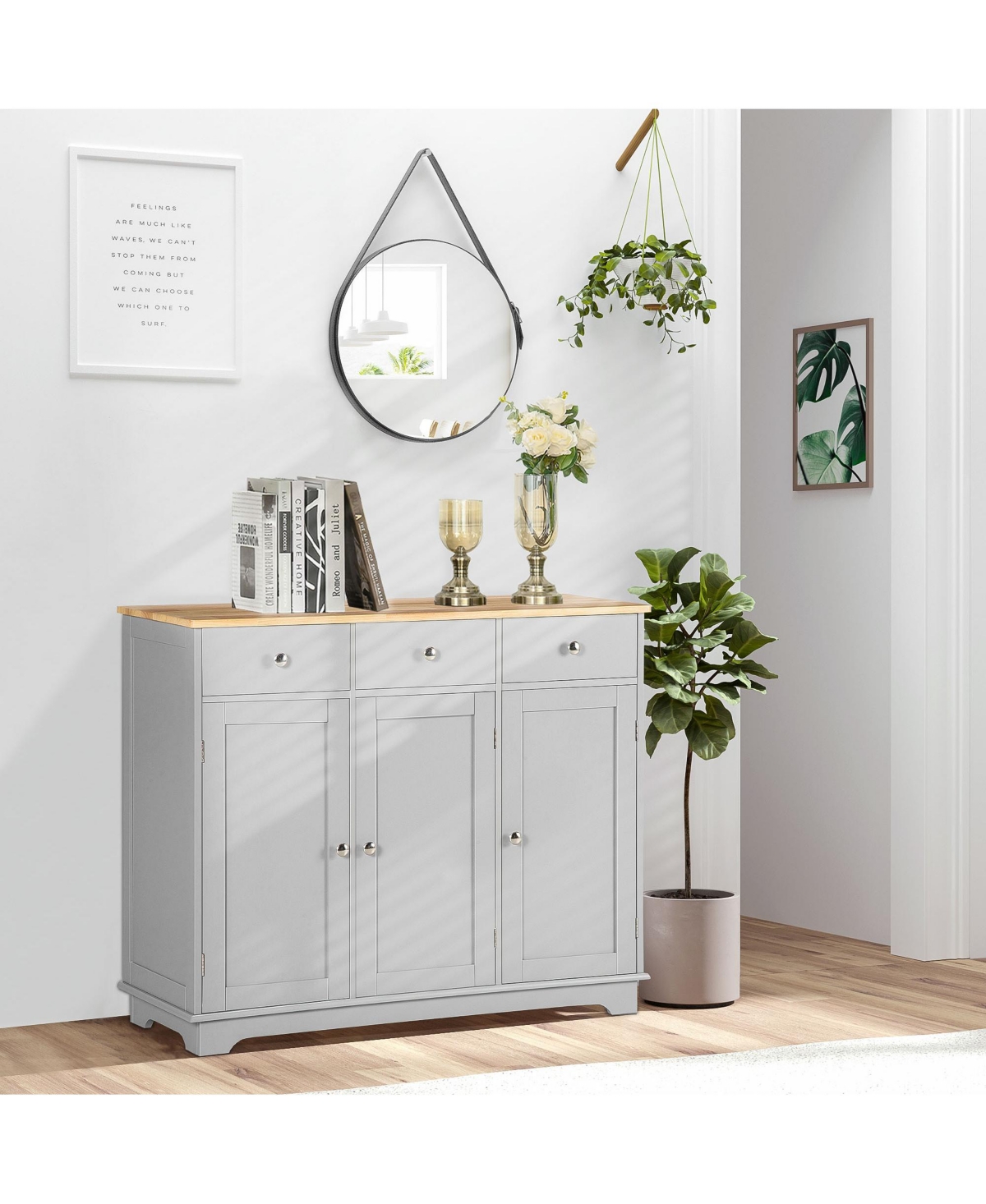 Homcom Modern Sideboard with Rubberwood Top, Buffet Cabinet with Storage Cabinets, Drawers and Adjustable Shelves for Living Room, Kitchen,- Gre