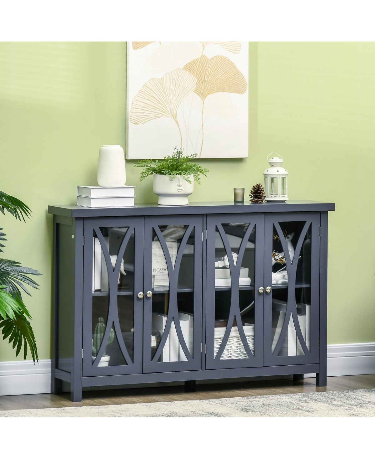 Homcom Elegant Kitchen Sideboard, Buffet Cabinet with Storage, Glass Doors, Adjustable Shelves for Living Room, Bedroom, Study,- Grey