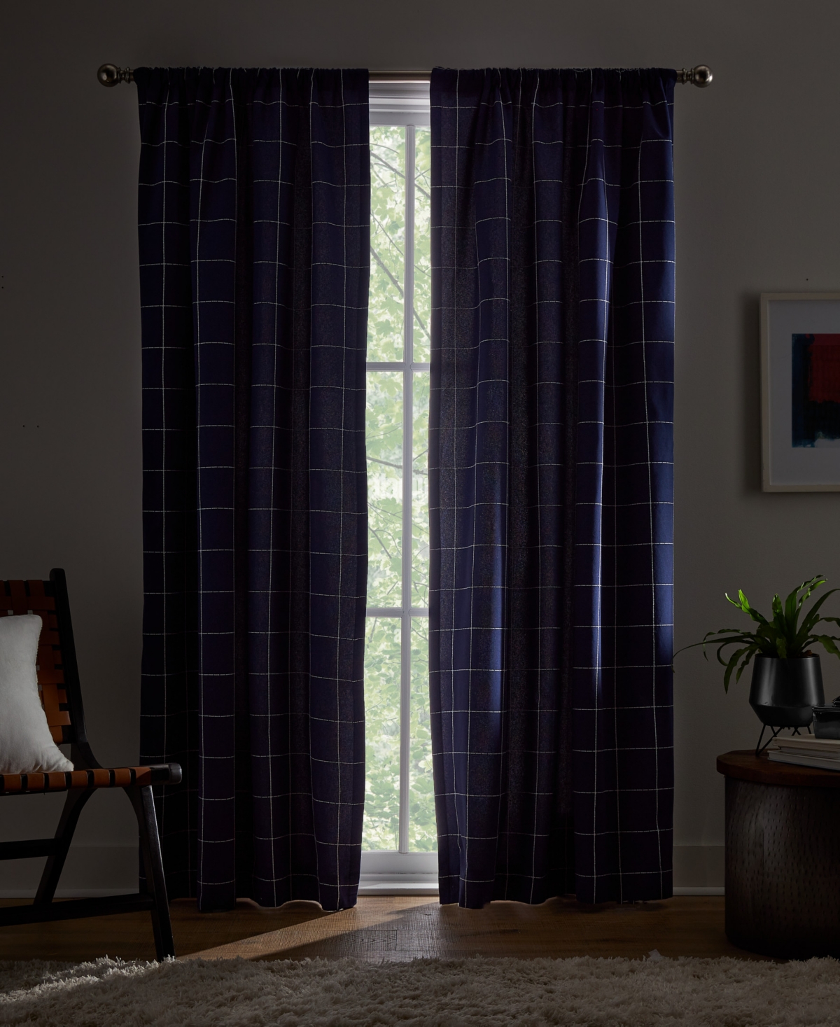 Tommy Hilfiger Big Check Pole Top Blackout 2-piece Curtain Panel, 50" X 84" In Deep Blue